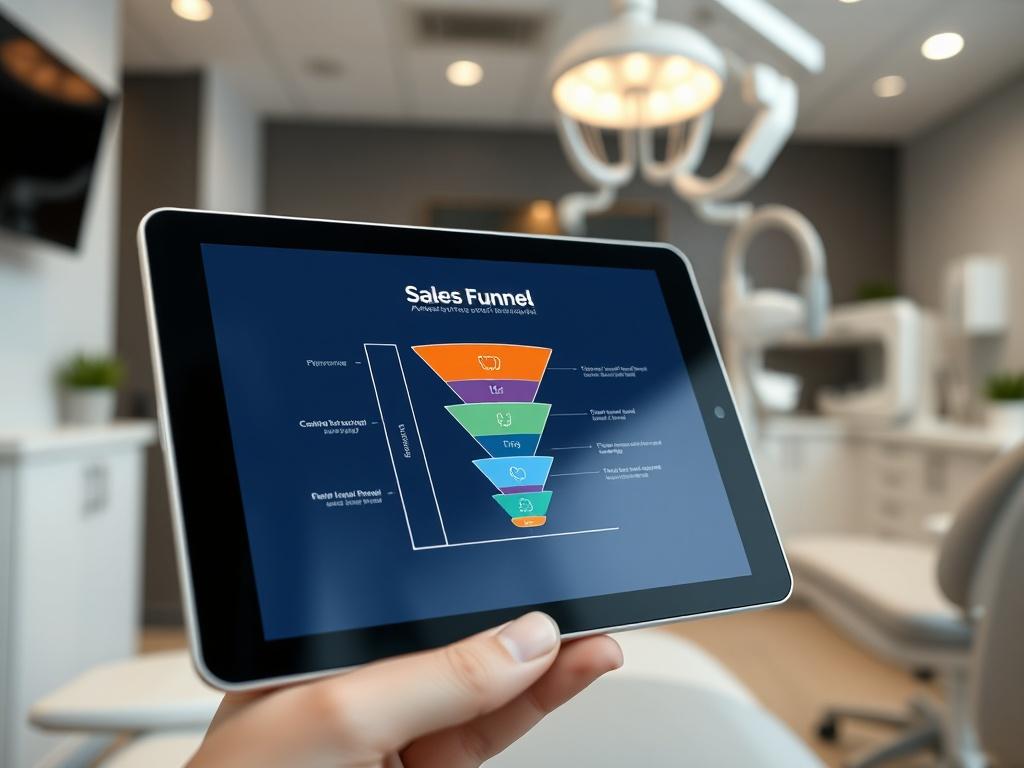 A close-up shot of a sales funnel diagram on a digital tablet in a dental office. The background should showcase a clean, modern dental practice, highlighting the importance of patient engagement, shot with a 45mm f/1.2 lens style.