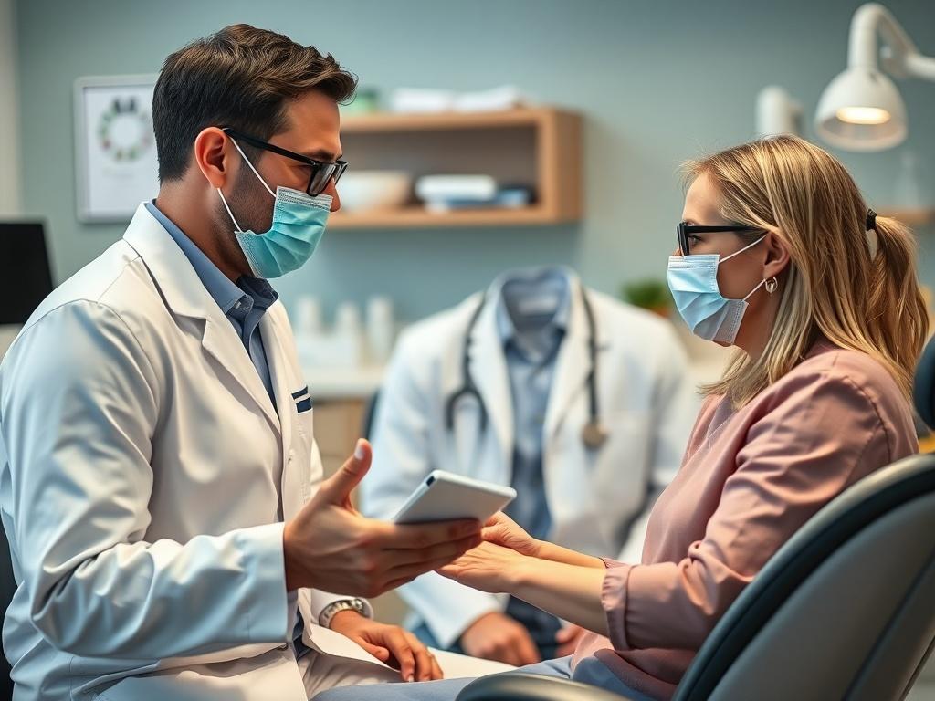A close-up shot of a dental consultant discussing strategies with a dentist in an office setting. The background should include dental practice elements, creating a collaborative atmosphere, shot with a 45mm f/1.2 lens style.