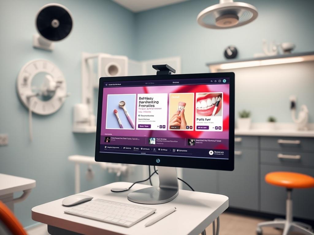 A close-up shot of a dentist's office with a computer screen displaying social media ads for dental services. The background should feature vibrant dental tools and a welcoming clinic environment, shot with a 45mm f/1.2 lens style.