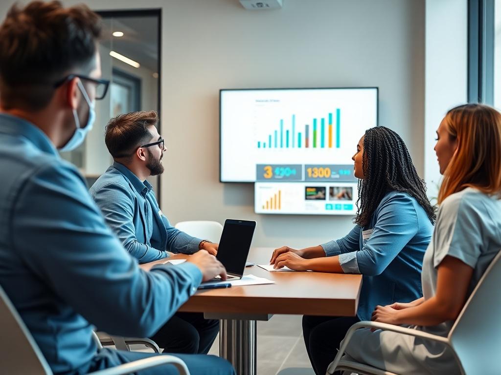 An engaging visual of a dental clinic staff meeting in a modern office, with a digital marketing presentation displayed on a screen. The team is diverse and enthusiastic, discussing strategies with charts and graphs showing growth trends. The setting reflects a professional and collaborative atmosphere.