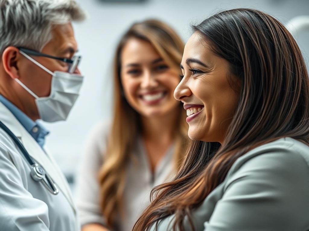 A close-up shot of a dentist interacting with a patient in a welcoming clinic environment, with a digital interface showing appointment reminders. The patient appears relaxed and engaged, highlighting effective communication and a strong doctor-patient relationship. The background showcases a clean, modern dental office.