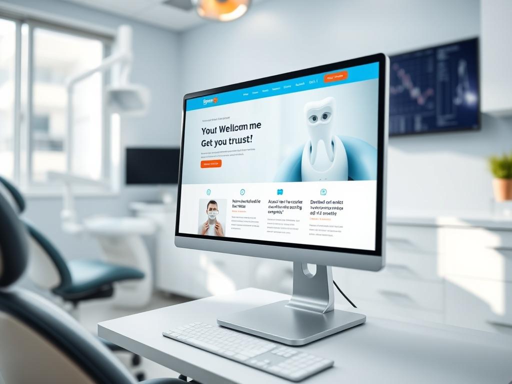 A close-up shot of a modern dental office with a computer displaying a beautifully designed website, showcasing dental services and client testimonials. The room is bright and welcoming, with dental equipment subtly visible in the background. The overall color scheme reflects a clean and professional aesthetic, emphasizing trust and health.