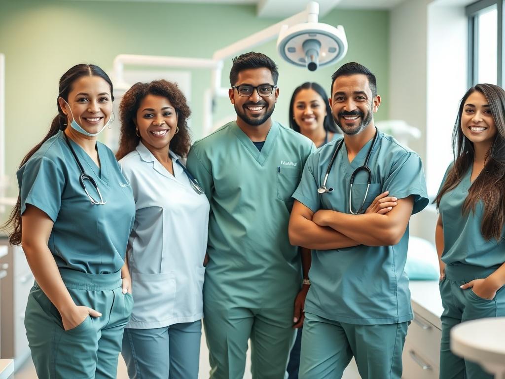 A close-up shot of a friendly dental team standing together in a modern clinic setting. The team should be diverse, smiling, and wearing professional dental uniforms, with dental equipment and a bright, welcoming environment in the background. The image should have a clean and green aesthetic, with focus on the individuals and a soft blur on the background to emphasize warmth and approachability.