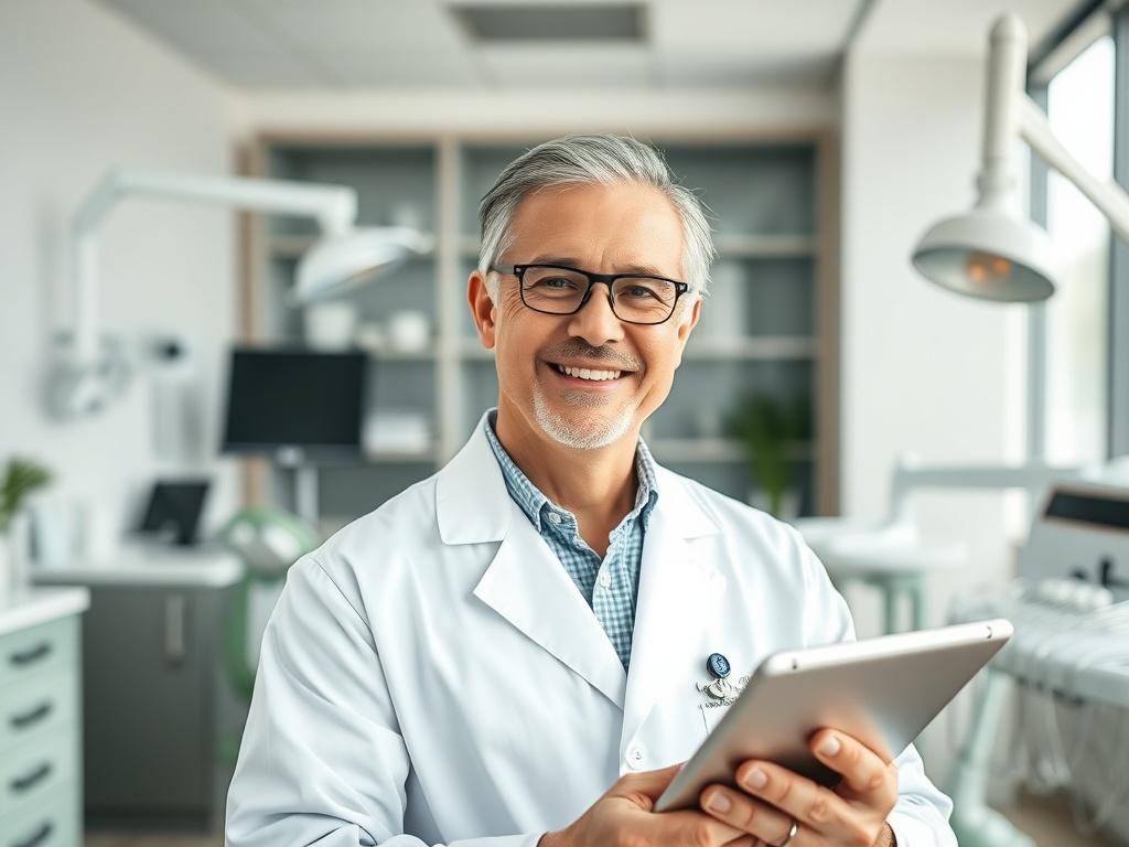 Create a realistic high-resolution photograph that encapsulates the essence of a dental professional scaling their practice. The composition should be simple and clear, featuring a single subject: a confident dentist in a modern dental office setting. The dentist, a middle-aged individual with a warm smile, should be wearing a crisp white coat and holding a tablet in hand, indicating engagement with technology for practice management. 

In the background, showcase a sleek, organized dental office with moder
