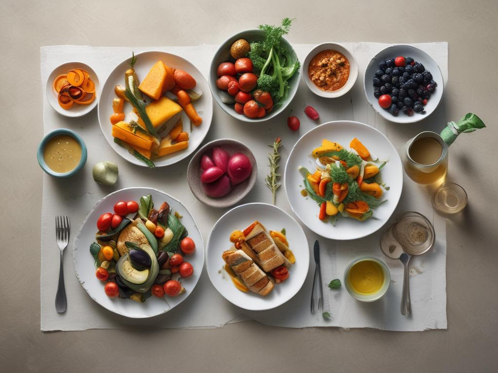 Mediterranean Lunch, grilled vegetables, fish, seasonal produce