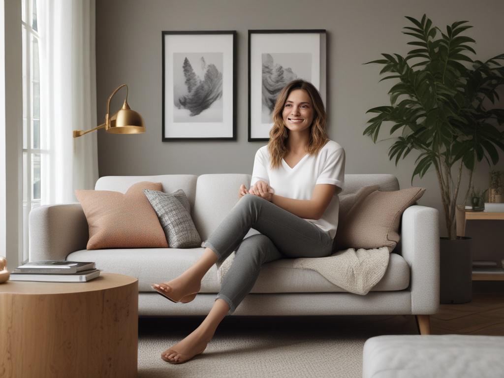 A lovely housewife in a stylish yet casual outfit, smiling