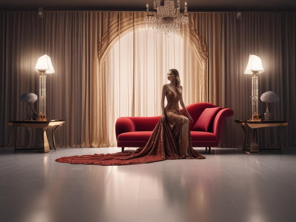 A glamorous ramp model in a chic evening gown, confidently