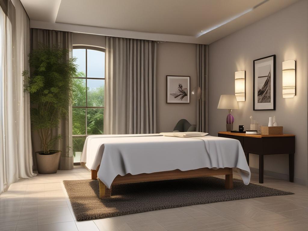 A serene massage setting featuring a beautiful escort preparing for