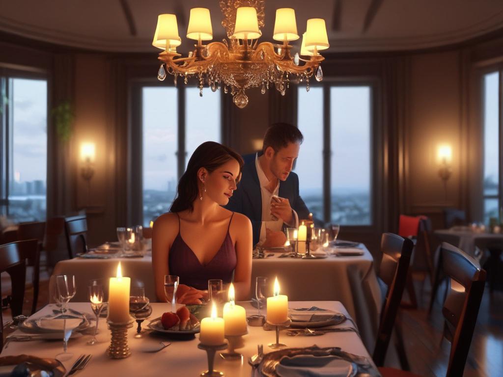 A charming escort enjoying a candlelit dinner, sitting across from