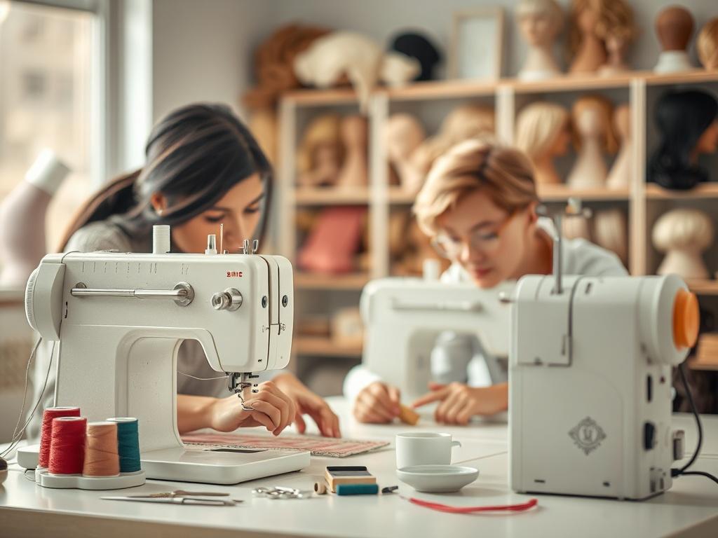 A close-up of a well-organized sewing machine with threads and tools neatly arranged around it. A student is focused on learning how to thread the machine with guidance from an instructor. The setting is bright and inviting, highlighting the instructional environment. The background features a soft-focus of wig-making supplies, creating a warm and encouraging atmosphere.