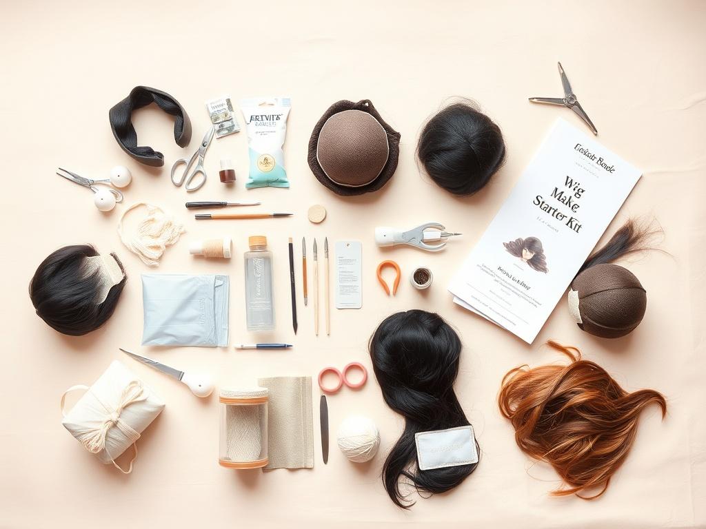 A neatly arranged wig making starter kit on a soft, light background. The kit includes wig caps, sewing supplies, and a beginner's guide, all displayed in an aesthetically pleasing manner. The lighting is gentle, creating a peaceful atmosphere, and the colors are soft tones that complement the primary color rgb(50, 170, 39).