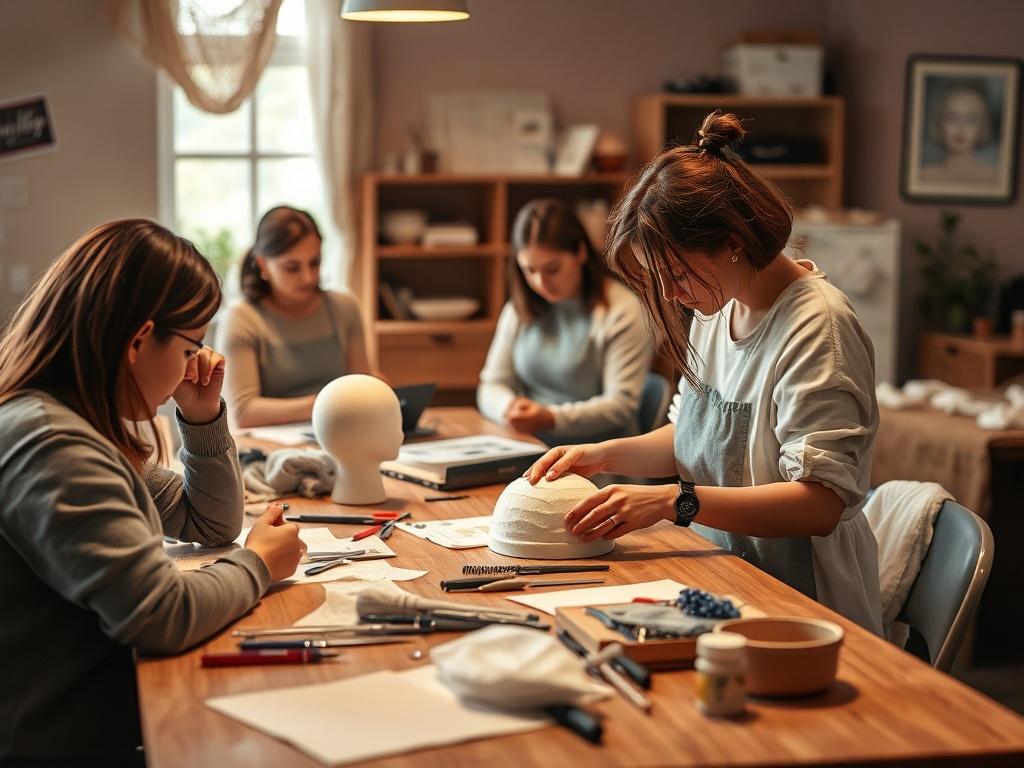 A high-resolution photo of a cozy workshop where a group of students is learning about wig cap preparation. The focus is on one student measuring and cutting a wig cap, with various materials and tools scattered on the table. Soft, gentle lighting adds warmth to the scene, promoting a sense of focus and creativity in the learning process.