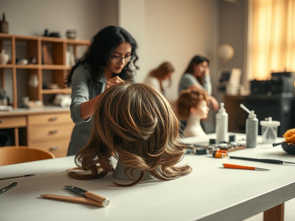 A high-resolution photo showcasing a serene workshop environment where an instructor demonstrates wig finishing techniques to eager students. The image captures a close-up of a beautifully styled wig on a table, with tools and materials nearby. Soft lighting creates a calming atmosphere, emphasizing the focus on skill enhancement and creativity.