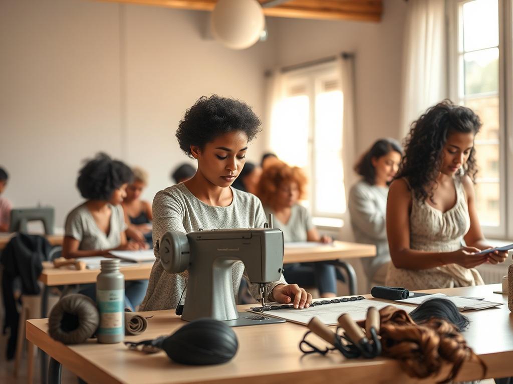 A high-resolution photo of a diverse group of people in a bright, inviting workshop space, engaged in wig making. The focus is on one participant working intently on a sewing machine, with materials like wig caps and hair bundles on a table. Soft, natural lighting enhances the peaceful atmosphere, with gentle tones in the background, inviting viewers into the creative process.