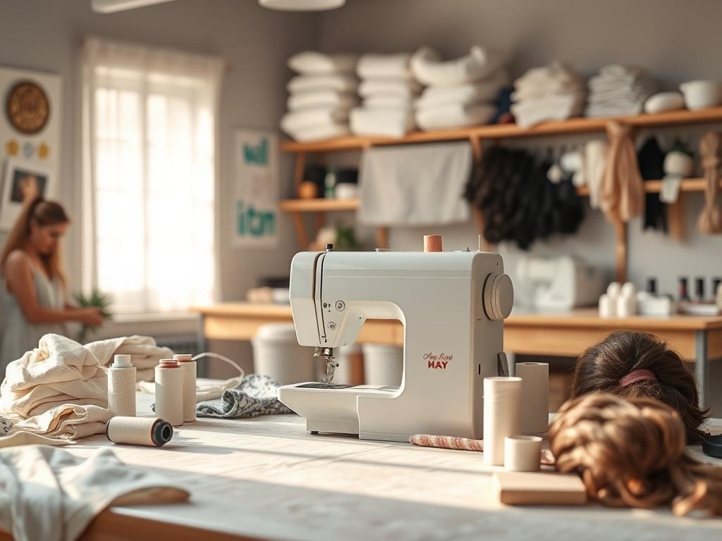 A serene workshop setting with a sewing machine in focus, surrounded by various wig-making materials like fabric, threads, and hair bundles. The lighting is soft and gentle, creating a peaceful atmosphere. The background shows a neatly organized workbench, enhancing the inviting vibe of the classroom.