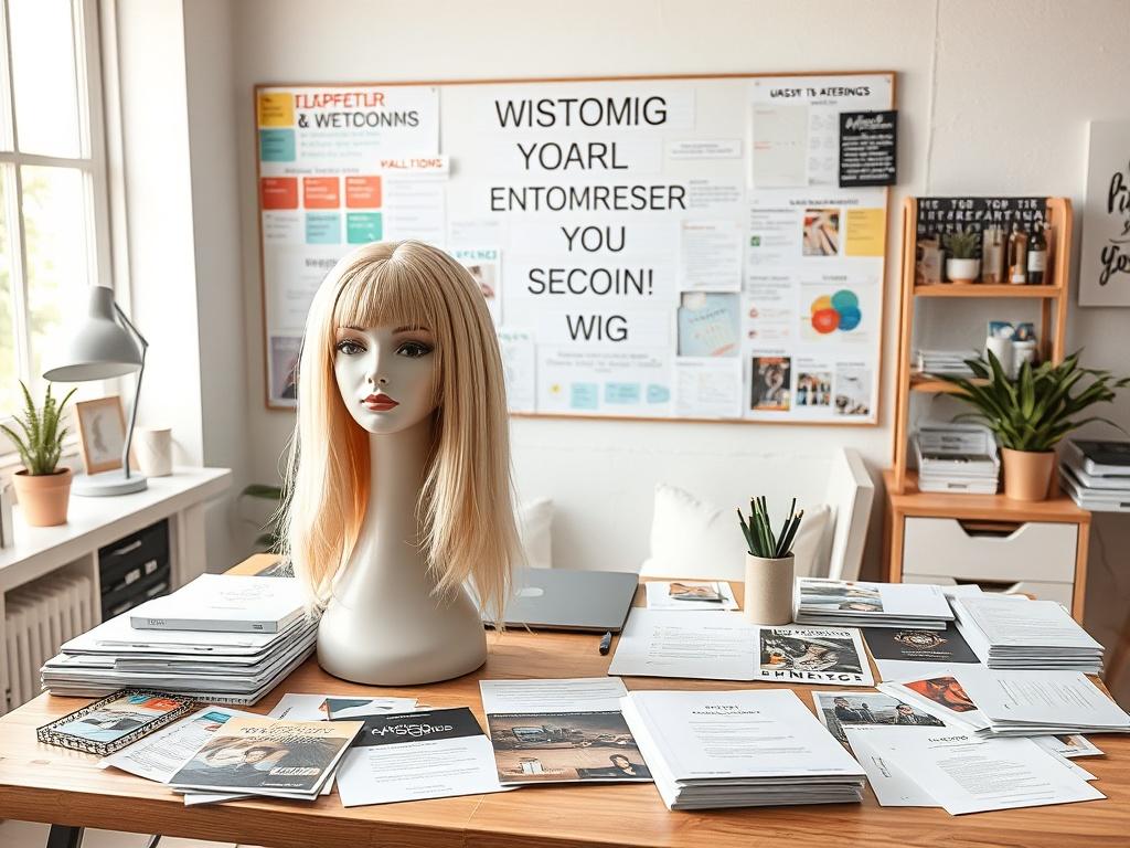 A bright and inspiring workspace showcasing a completed custom wig on a mannequin head. Various marketing materials are spread out on the table, symbolizing entrepreneurship. The background features a vision board filled with goals and inspirations, inviting creativity.