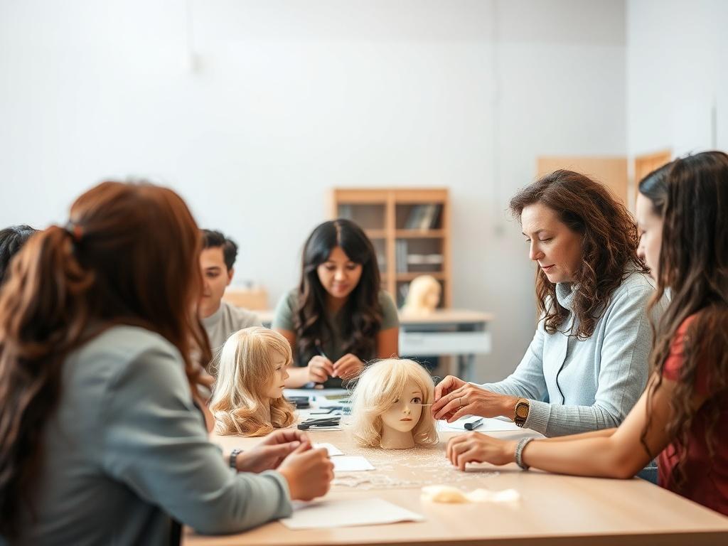 An engaging classroom scene with a diverse group of students actively participating in a wig-making workshop. The instructor, a certified educator, is demonstrating techniques, while students are focused on their projects. Soft, natural lighting enhances the collaborative atmosphere.
