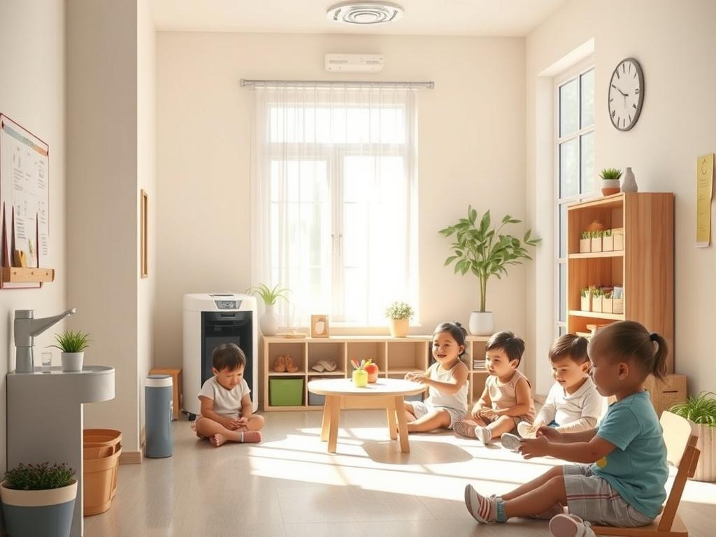 Create a realistic high resolution depicting a clean, serene preschool