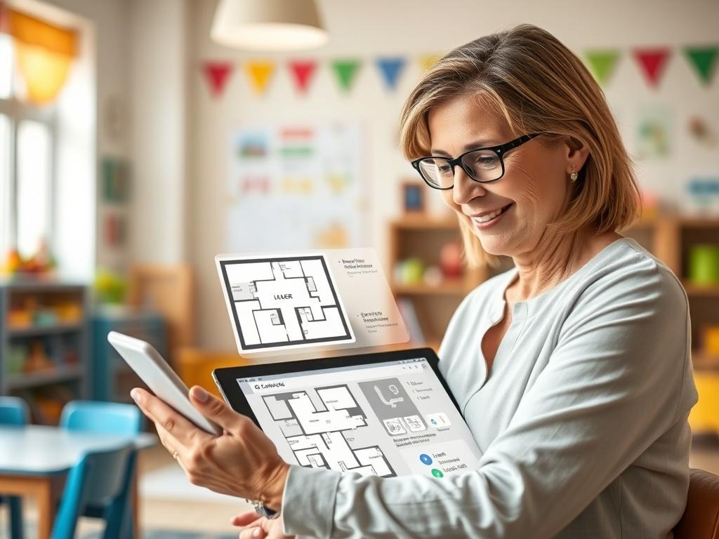 A virtual consultation scene with a caring expert reviewing classroom