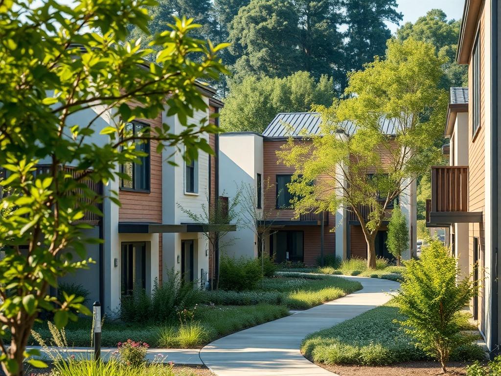 A modern affordable housing complex featuring eco friendly designs, with