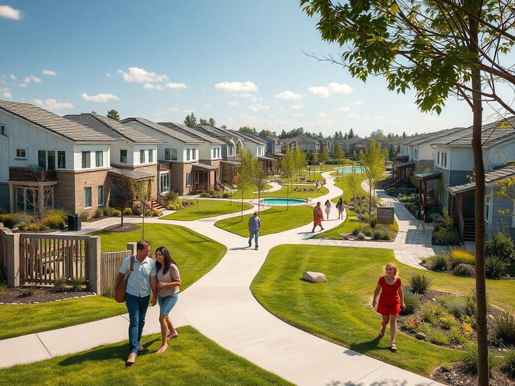 A picturesque residential community featuring parks, walking trails, and modern