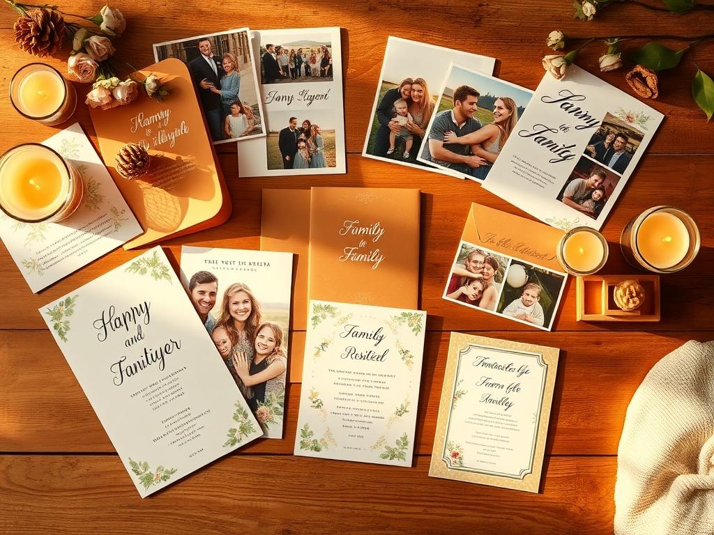 A beautifully arranged flat lay of family invitations and memory