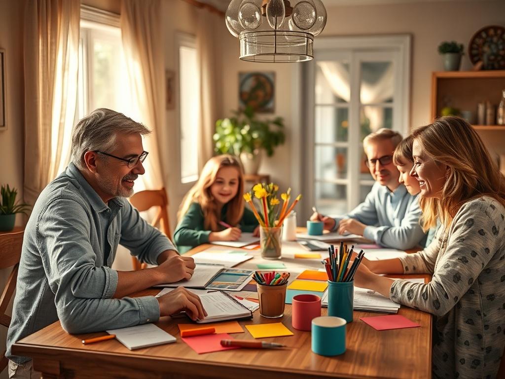 A high resolution of a family brainstorming session at a