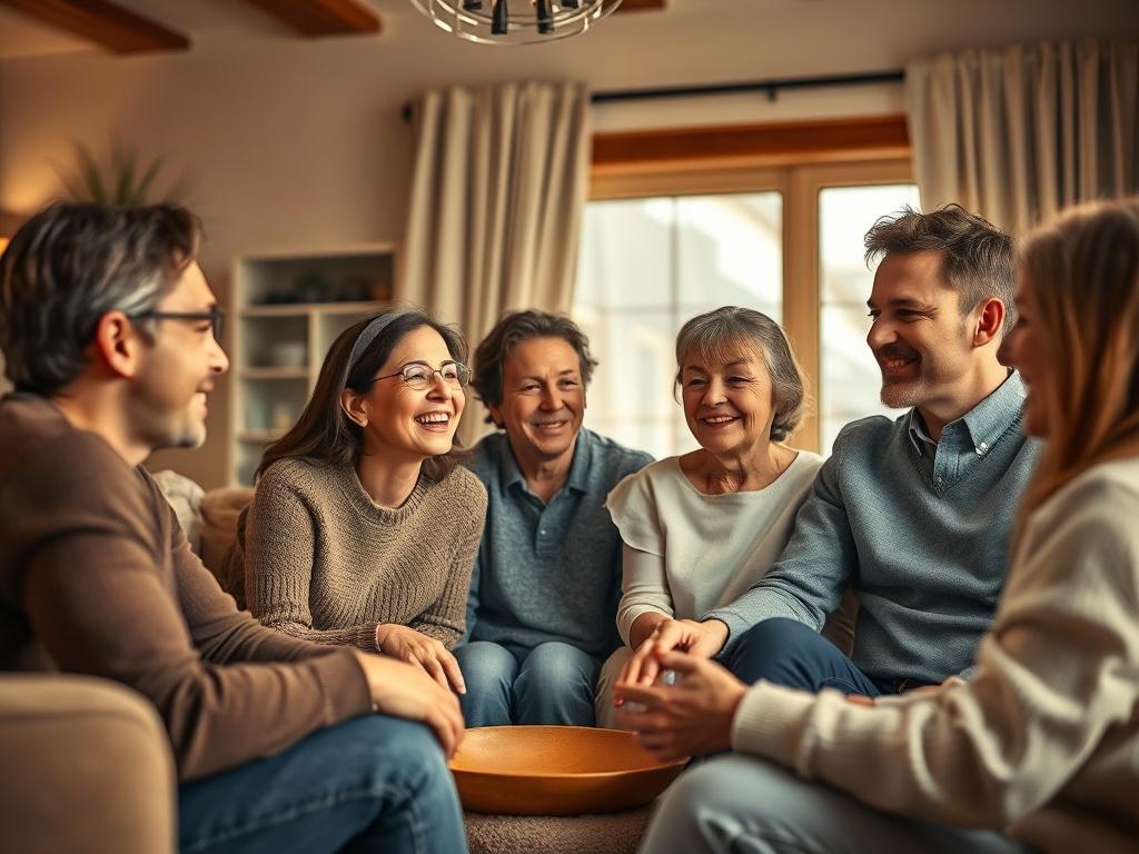 A high resolution of a family gathering, where members of