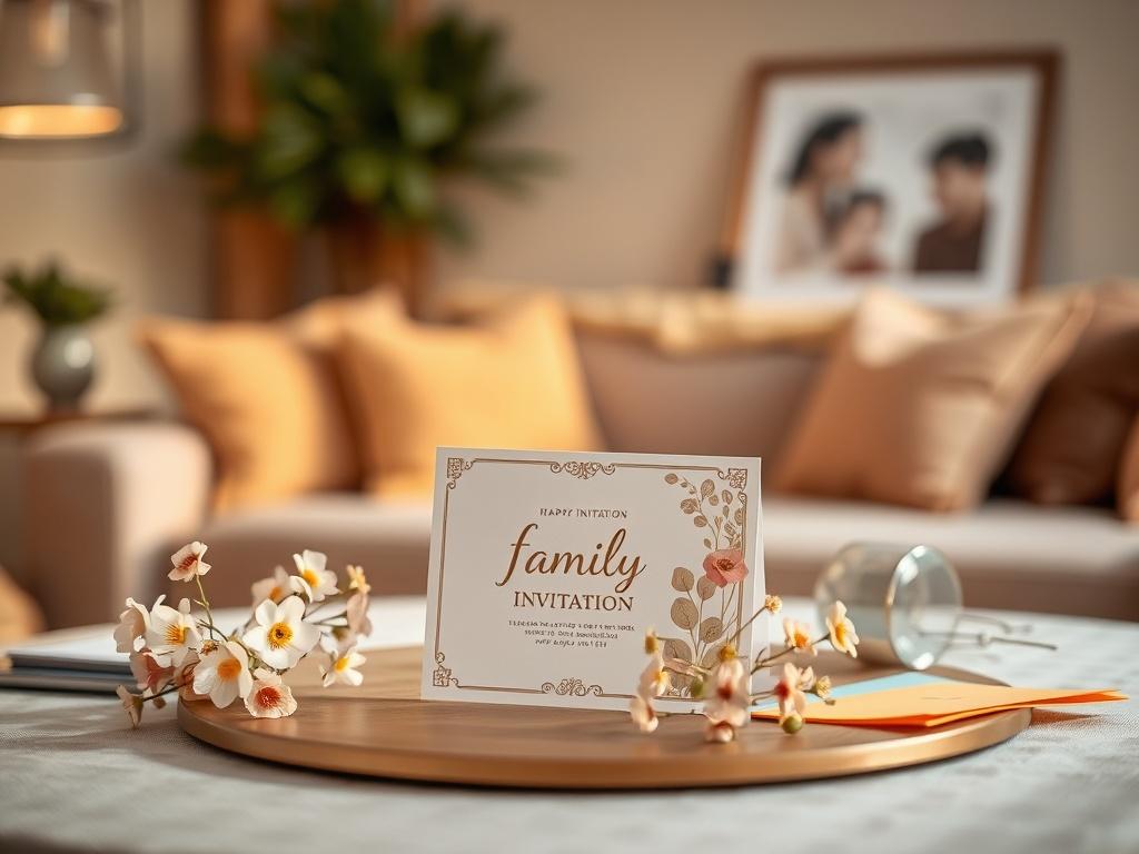 Create a realistic high-resolution photo of a beautifully arranged table featuring a single, elegant family invitation card as the main subject. The invitation card should be tastefully designed, showcasing intricate floral patterns and warm, inviting colors that evoke a sense of family warmth and togetherness. Surround the card with delicate elements such as a small bouquet of fresh flowers in soft pastel hues and a few colorful decorative envelopes, enhancing the theme of celebration and personal connecti