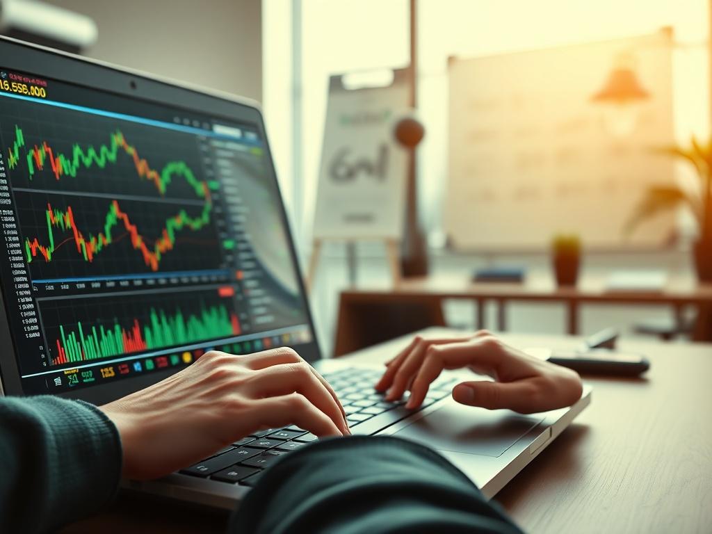 Create a realistic high-resolution photo that visually encapsulates the theme of "Maximize Your Trading Potential: Essential Forex Tips." The composition should be simple and clear, featuring a single subject: a focused trader analyzing forex charts on a laptop. 
The foreground should capture a close-up of a hands-on laptop keyboard, with the screen displaying dynamic forex charts. In the background, include a soft, blurred office setting that suggests a professional trading environment, incorporating elem