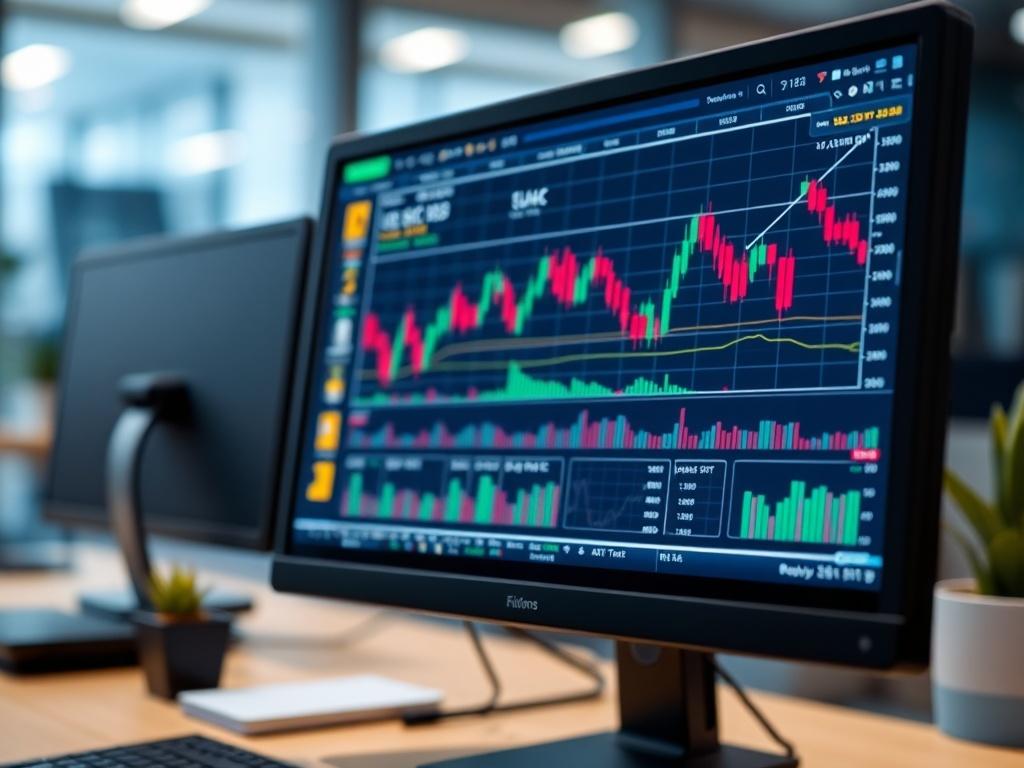 A close-up shot of a computer screen displaying detailed forex signals, captured with a 45mm f/1.2 lens. The screen shows charts and graphs, with a soft focus background that suggests a modern office environment. The primary color should be rgb(50, 170, 39).