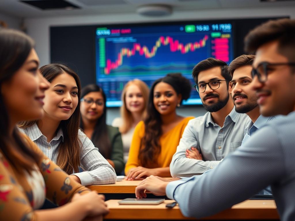 An engaged group of diverse individuals in a classroom setting, focused on a presentation about forex trading, shot with a 45mm f/1.2 lens. The background features a digital screen displaying forex market data. The primary color should be rgb(50, 170, 39).