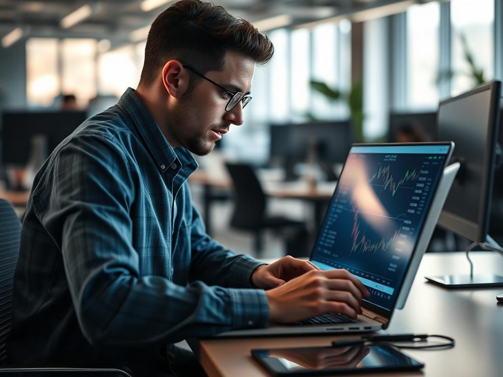 A focused trader analyzing charts on a laptop in a modern workspace, captured with a 45mm f/1.2 lens. The background is a softly blurred office environment, emphasizing the trader's concentration. The primary color should be rgb(50, 170, 39).
