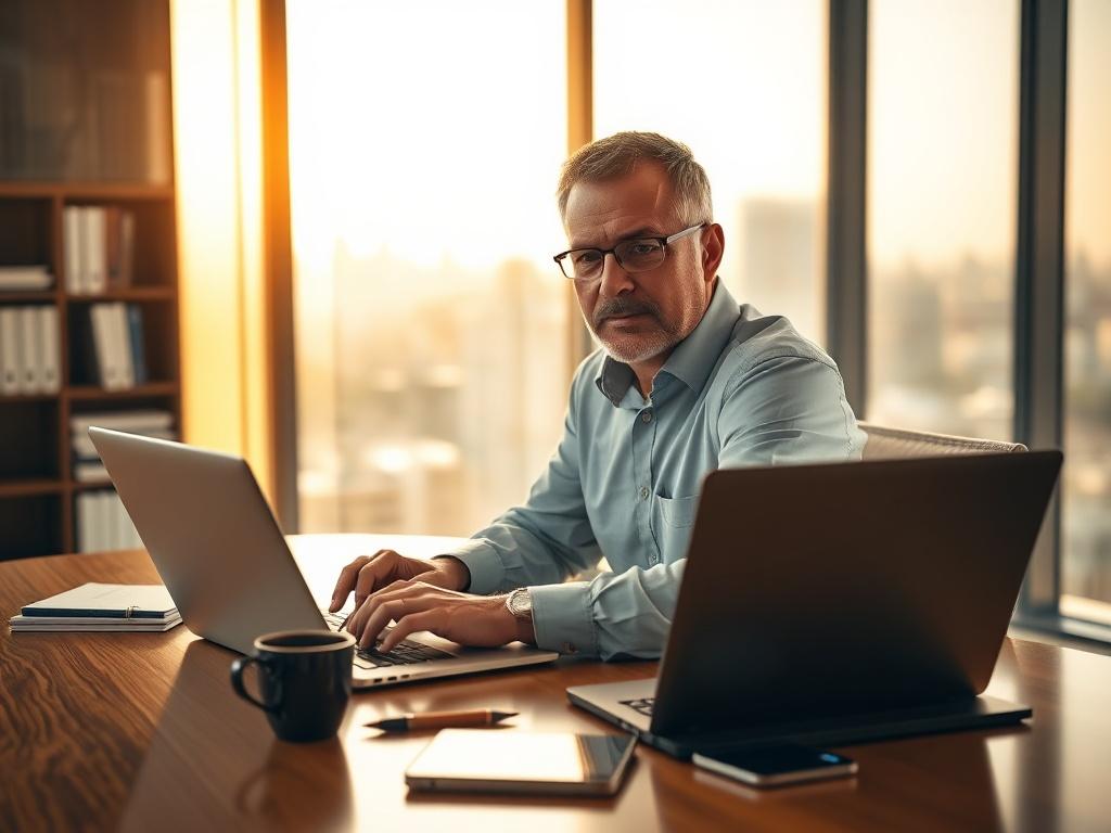 Create a realistic high-resolution image focused on the theme of "Unlocking Forex Trading Success." The composition should be simple and clear, featuring a central subject: a confident forex trader sitting at a modern desk. The trader, a middle-aged individual with a focused expression, is reviewing charts and market data on a sleek laptop. 

The background should reflect a professional trading environment - perhaps a well-organized office with a large window showing a cityscape in the distance, bathed in w