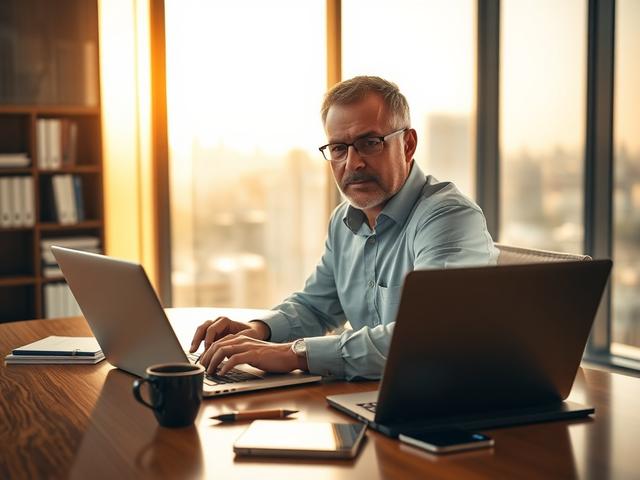 Create a realistic high-resolution image focused on the theme of "Unlocking Forex Trading Success." The composition should be simple and clear, featuring a central subject: a confident forex trader sitting at a modern desk. The trader, a middle-aged individual with a focused expression, is reviewing charts and market data on a sleek laptop. 

The background should reflect a professional trading environment - perhaps a well-organized office with a large window showing a cityscape in the distance, bathed in w