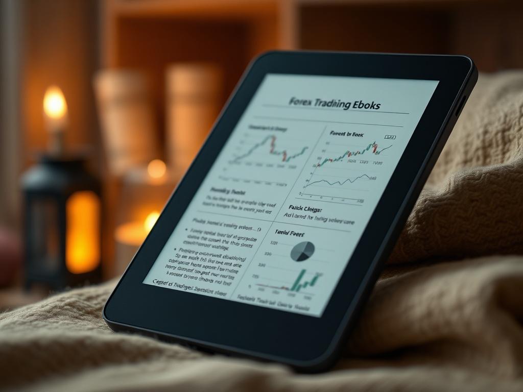 A hyper-realistic close-up shot of an ebook reader displaying one of the Forex Trading Ebooks. The screen shows engaging content with graphs and charts. The background features a cozy reading nook with soft lighting, creating an inviting atmosphere that draws attention to the ebook. The color palette harmonizes with rgb(50, 170, 39) to maintain brand consistency.