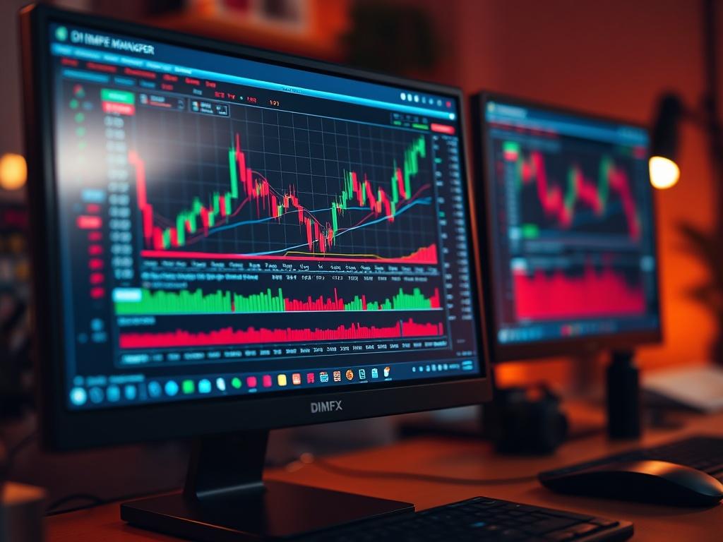 A hyper-realistic close-up shot of a computer screen displaying the DimFx Trade Manager EA interface. The screen showcases clear graphs and trading data, reflecting an organized workspace. The background is slightly blurred to emphasize the screen, with a warm, inviting color palette that complements the primary color rgb(50, 170, 39). The image should be shot with a 45mm f/1.2 lens.