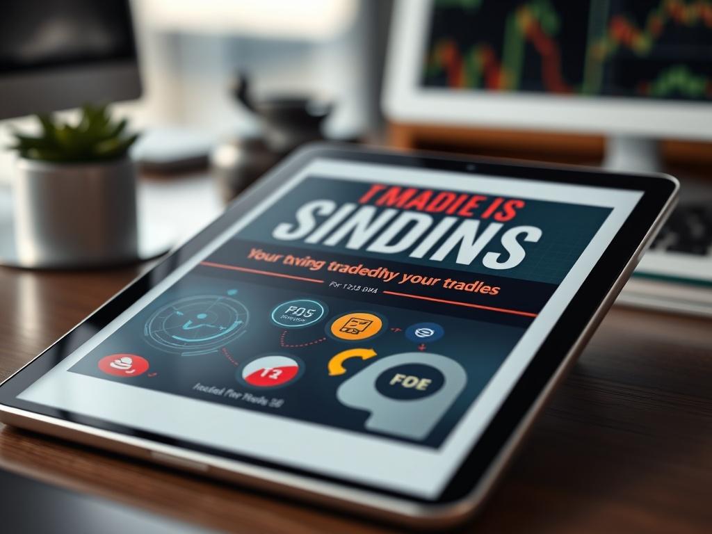 A close-up shot of an eBook cover displayed on a tablet, featuring eye-catching graphics related to trading strategies. The background is subtle and professional, with a hint of a trading workspace, creating a connection to the world of forex trading.