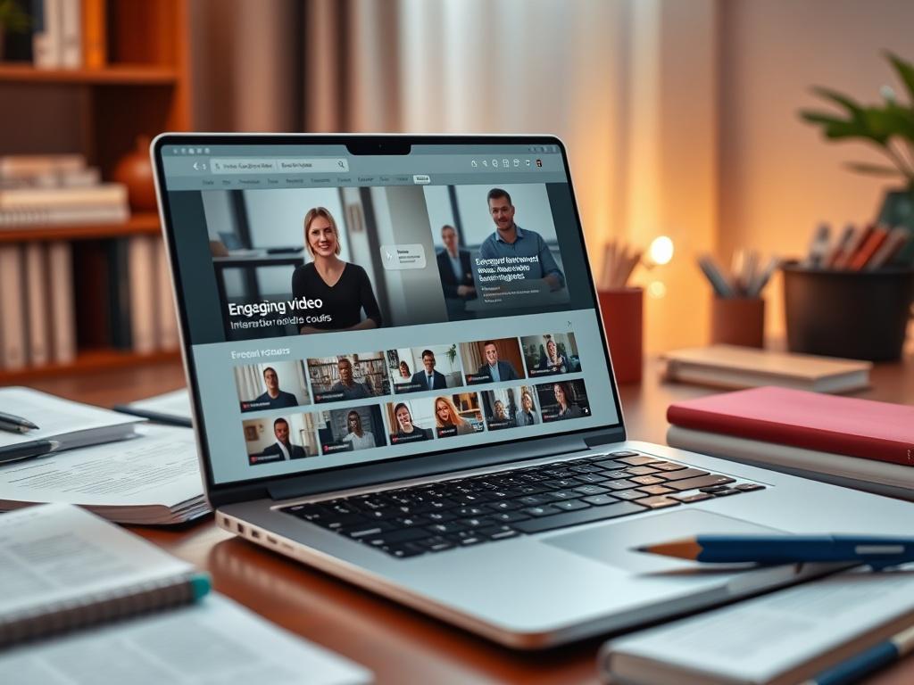 A high-resolution image of an online course interface showing engaging video lessons and interactive modules. The setting is cozy and inviting, with a laptop placed on a desk surrounded by study materials. The color scheme is warm and motivating, inspiring a productive learning environment.