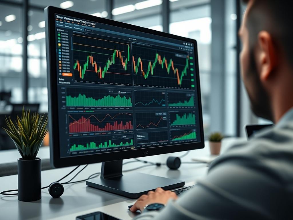 A close-up shot of a computer screen displaying the interface of Smart Trading Software with various analytical graphs and charts. The setting should be a sleek, modern workspace, capturing an intense focus on trading. The image should evoke a sense of technology and precision.