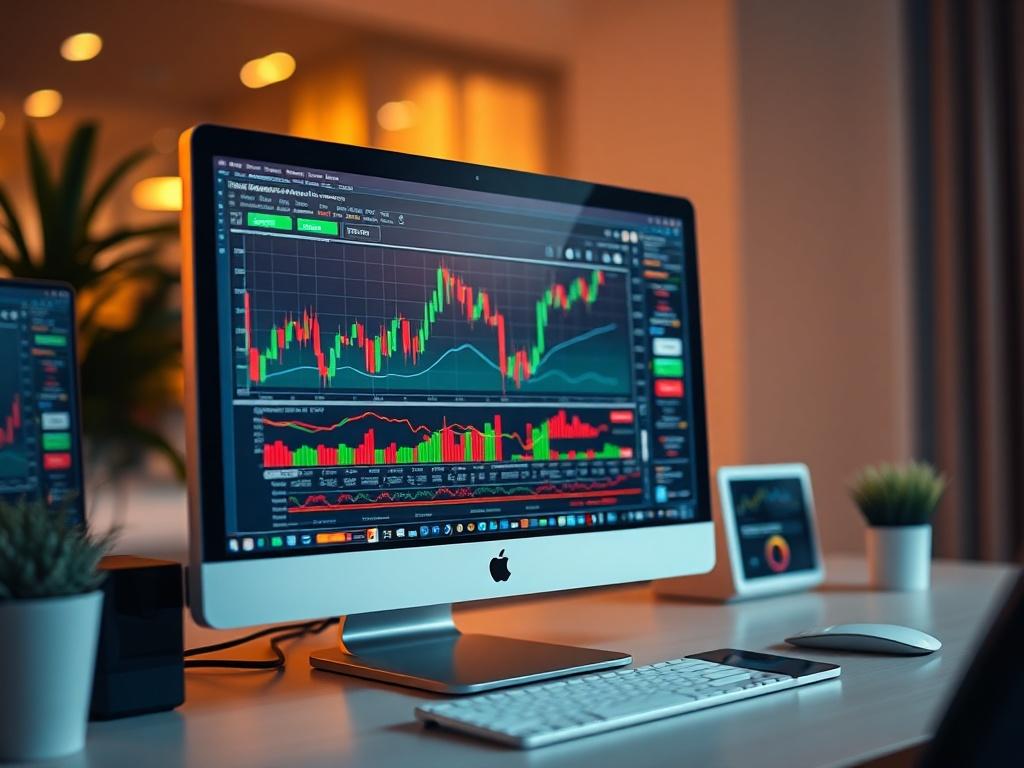A hyper-realistic close-up shot of a computer screen displaying advanced trading software interface, featuring graphs and market data in vibrant colors. The background is softly blurred to emphasize the screen, with warm lighting creating an inviting atmosphere. The overall composition is simple and clear, focusing solely on the trading software interface.
