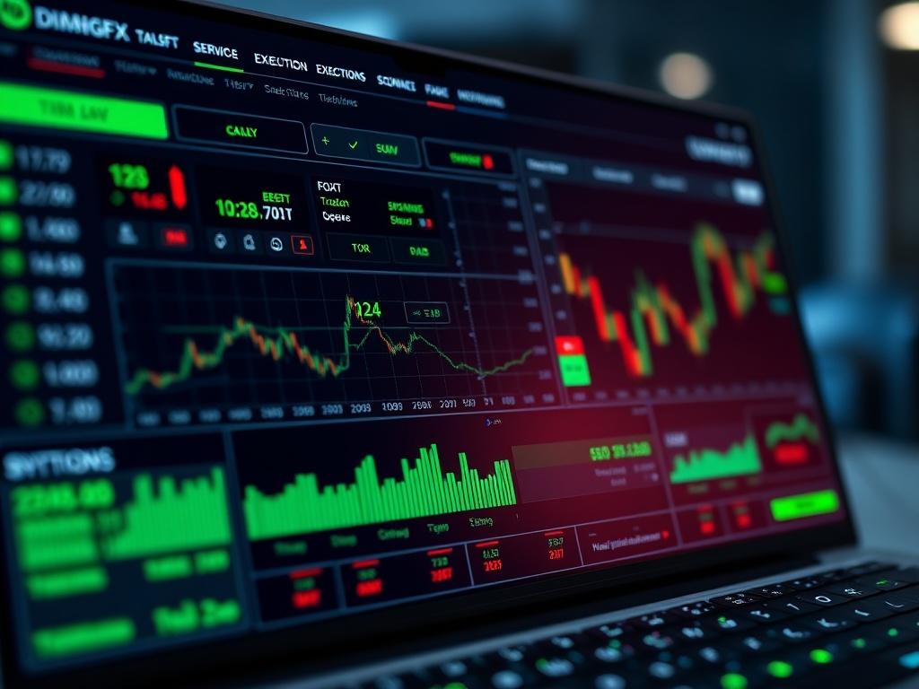 A hyper-realistic close-up shot of a sleek, modern trading dashboard featuring the DimFx Trade Manager EA interface. The dashboard displays various trading metrics and visuals with vibrant green overlays, highlighting the software's features such as one-click execution buttons and risk-based lot sizing options. The background is softly blurred to emphasize the dashboard, shot with a 45mm f/1.2 lens to create a professional and polished look.