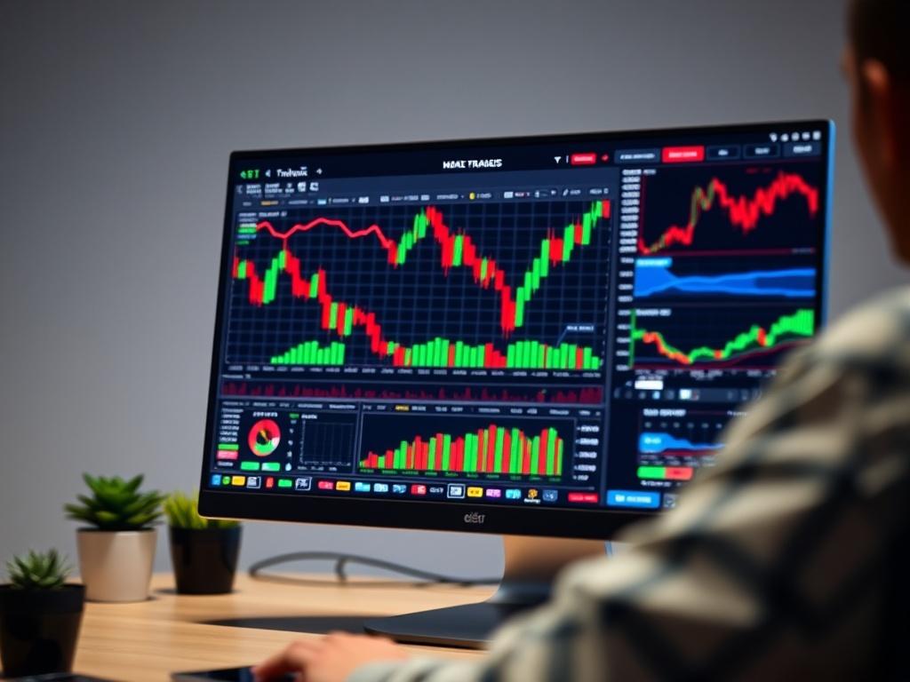 A hyper-realistic close-up shot of a computer screen displaying advanced forex trading software with colorful graphs and analytics. The background should be minimalistic and professional, with soft lighting that highlights the screen's vivid colors, while maintaining a focus on the software interface.