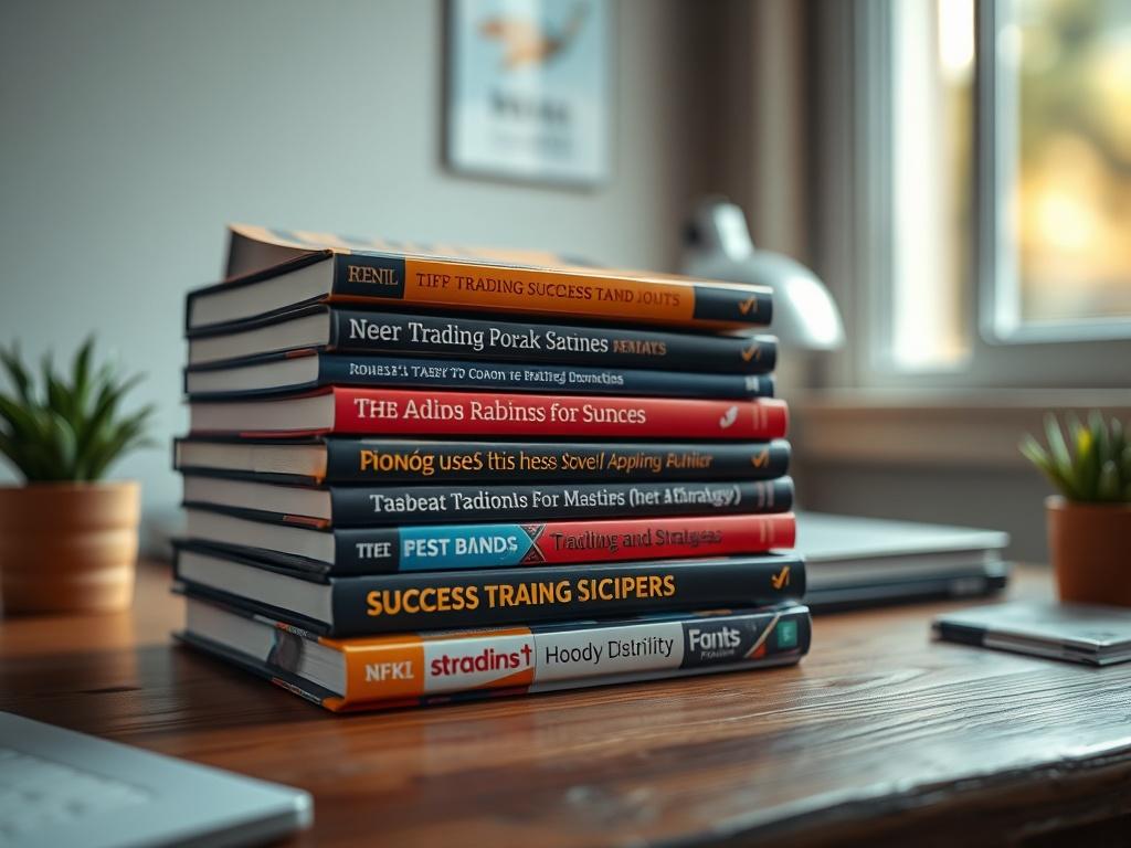 A hyper-realistic close-up shot of a stack of forex trading ebooks on a wooden desk. The ebooks are displayed with vibrant covers, showcasing themes of trading success and strategies. Soft natural light filters through a nearby window, enhancing the warm tones of the scene, with a focus on the books and a blurred background.