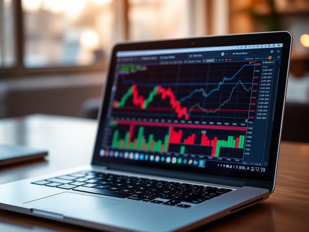 A hyper-realistic close-up shot of a laptop displaying a forex trading platform with charts and graphs. The background is softly blurred to emphasize the laptop, with a warm light illuminating the scene. The color theme should align with rgb(50, 170, 39), creating a vibrant yet professional atmosphere.