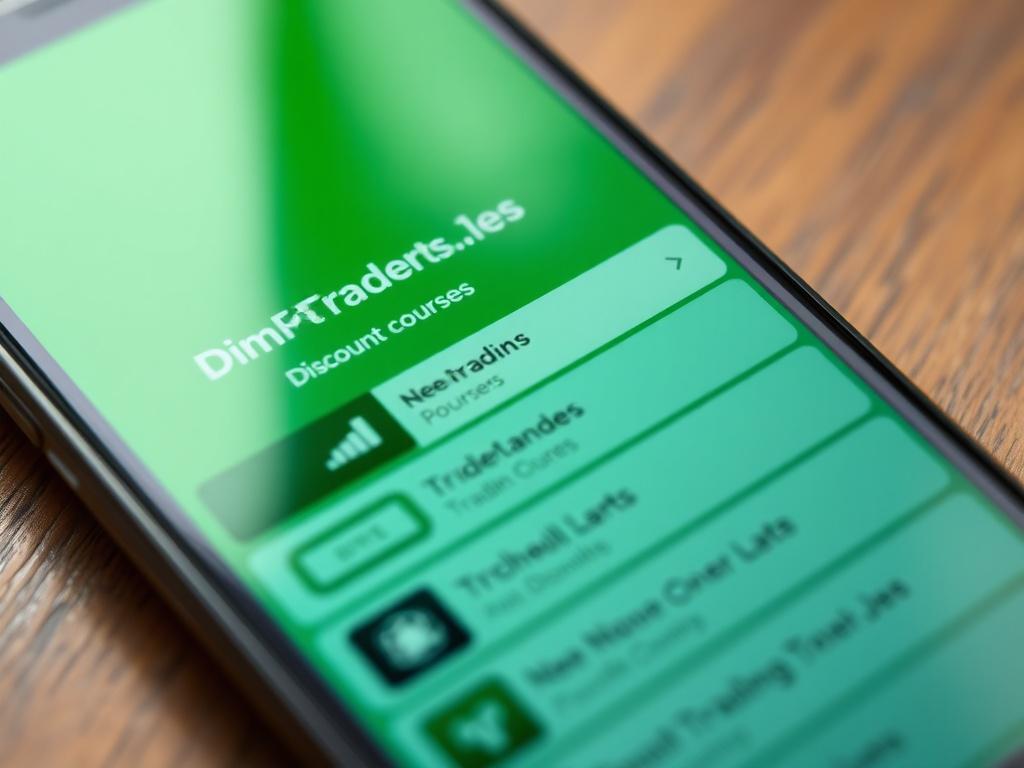 A stunning close-up of a phone displaying the DimFxTraders discount section, highlighting various trading courses with a rich green background, captured with a 45mm f/1.2 lens.