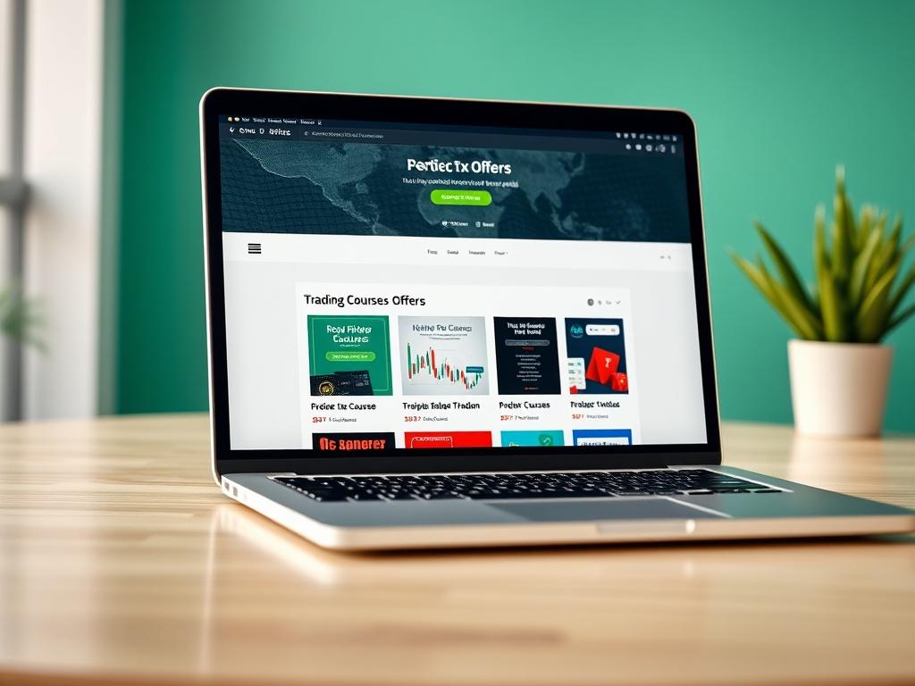 A close-up shot of a laptop screen displaying the DimFxTraders offers page, showcasing various trading courses and ebooks, with a calming green background, shot with a 45mm f/1.2 lens.