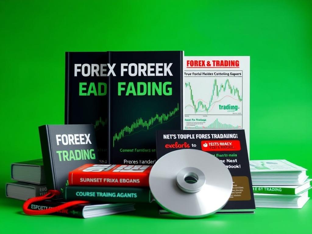 A hyper-realistic close-up of a bundle of forex trading resources, including a course, ebooks, and software, with a vibrant green backdrop, shot using a 45mm f/1.2 lens.