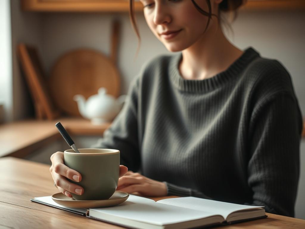 Create a realistic high-resolution close-up photo of a single person engaged in a simple daily routine that promotes well-being, such as making a cup of herbal tea or journaling with a pen on clean, white paper. The subject should be a calm, thoughtful individual with a serene expression, photographed with a 45mm f/1.2 lens style to achieve a shallow depth of field and soft background blur. The composition should be simple and clear, focusing on the subject’s hands and face to highlight mindfulness and inte