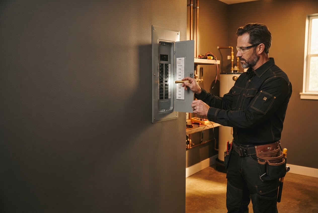Electrician carefully inspecting a modern residential electrical panel